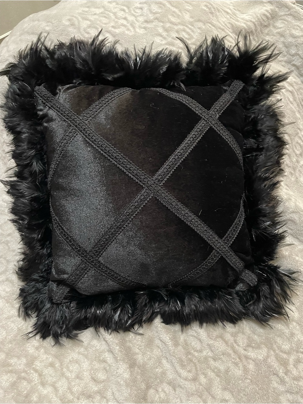 Black velvet and feather Trim Decorative Throw Pillow